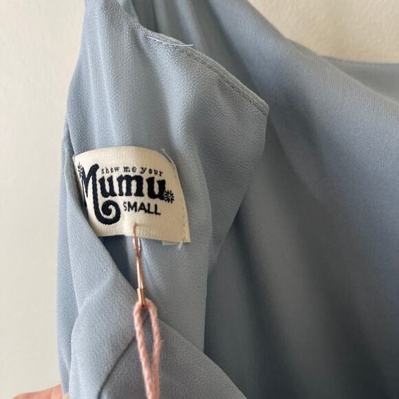 Show Me Your Mumu Lauren Tie Maxi Dress Steel Blue Chiffon Size Small NWT - Picture 8 of 12